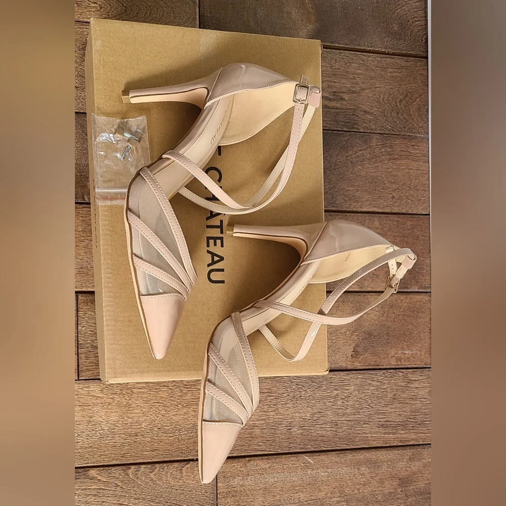 le chateau Nude Patent Pointed-Toe Strappy Ankle Pumps - Picture 8 of 16